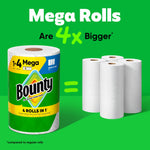 Bounty graphic showing one mega roll next to four regular rolls with text claiming mega rolls are 4x bigger