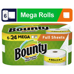 Packaged Bounty paper towel multipack with green branding and 'Mega Rolls' label