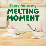 Two bowls of ice cream on napkins on a wooden table with large text ‘There for every MELTING MOMENT’