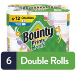 Packaged Bounty Prints Motifs paper towel six-double-roll pack with green patterned wrapper and branding