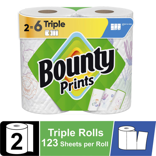 Package of Bounty Prints paper towels showing two triple rolls with floral print and branding
