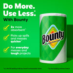 Single Bounty paper towel roll on green background with 'Do More. Use Less.' promotional text