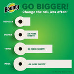 Graphic comparison of roll sizes with Bounty logo showing regular, double, triple and mega rolls and relative sheet lengths