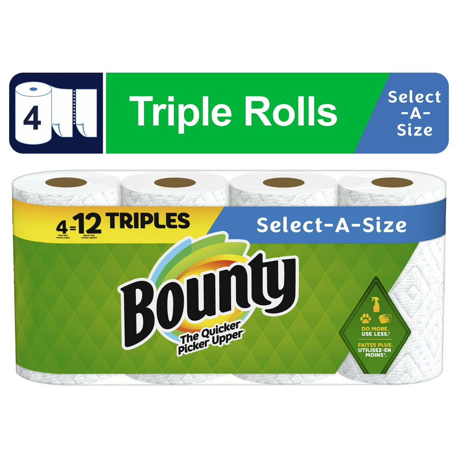 Packaged Bounty Select-A-Size paper towel multipack showing four triple rolls and green branded wrapper