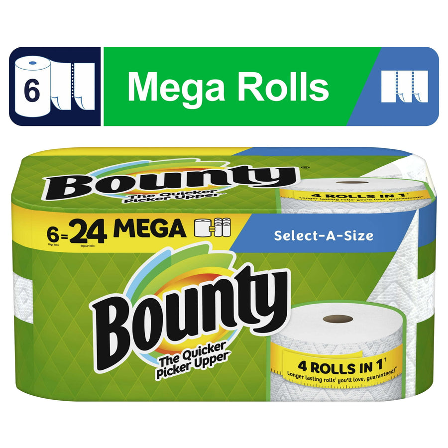 Packaged Bounty Select-A-Size paper towel multipack with green branding and a visible roll graphic on white background.