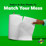 Hand tearing a select-a-size sheet from a Bounty paper towel roll against a green background with headline text