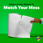 Hand tearing a select-a-size sheet from a Bounty roll against a green background with matching-mess headline