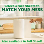 Paper towel roll on a kitchen counter with a hand tearing a Select-A-Size sheet, headline encourages matching sheet size to mess