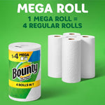 Single Bounty mega roll and four regular rolls on green background with size text