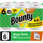 Packaged Bounty paper towel six-mega-roll bundle with bright green logo and packaging graphics