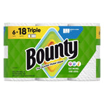 Front-facing Bounty six-roll package with prominent logo and green patterned wrapper