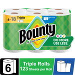 Packaged Bounty paper towel six-roll pack with green diamond branding and 'Do More. Use Less.' callout