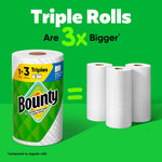 Bounty single triple roll shown next to three regular rolls with 'Triple Rolls Are 3x Bigger' text