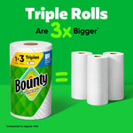 Packaged Bounty triple roll illustrated next to three regular rolls with text 'Triple Rolls Are 3x Bigger' on a bright green background.