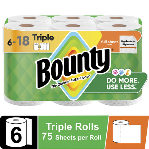 Packaged Bounty paper towel six-roll triple pack with green branded wrap and visible roll tops.