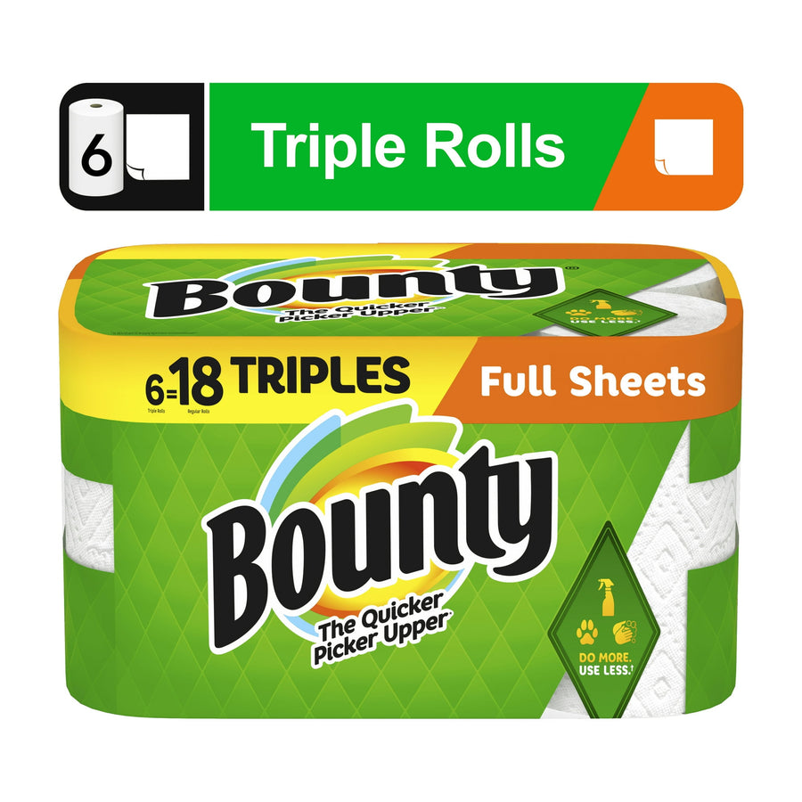 Packaged Bounty paper towels full sheets triple roll pack with green branded wrapper and logo
