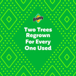 Green patterned graphic with small Bounty logo and message 'Two Trees Regrown For Every One Used'