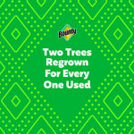 Green promotional graphic with Bounty logo and white text reading 'Two Trees Regrown For Every One Used'.