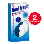 Angled product box of Bowl Fresh Blue plus Bleach with bold logo, two blue-and-white tablets and red '2 tablets' badge.