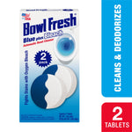 Front-facing box of Bowl Fresh Blue plus Bleach automatic toilet bowl cleaner showing two blue-and-white tablets and toilet bowl swirl graphic.