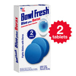 Angled view of Bowl Fresh Blue plus Borax package with bold 2 tablets callout and product graphics