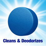 Close-up promotional image of a single round blue toilet bowl tablet on a radiant blue background