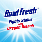 Bowl Fresh logo graphic on a bright blue background with text 'Fights Stains with Oxygen Bleach' in bold lettering.