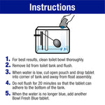 Instruction graphic showing a person dropping a tablet into a toilet tank with numbered step instructions
