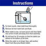 Instruction panel illustration showing step-by-step directions for placing a tablet in a toilet tank with numbered text.