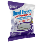Angled front view of Bowl Fresh Lavender Plus toilet freshener pouch showing product window and lavender accents