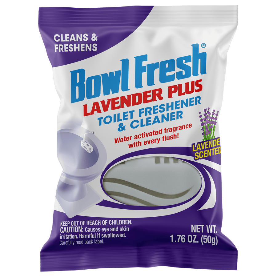 Front of Bowl Fresh Lavender Plus toilet freshener pouch with purple branding and lavender graphic