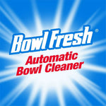 Bowl Fresh logo graphic on blue burst background with the words 'Automatic Bowl Cleaner' in red