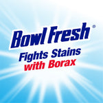 Bowl Fresh logo on a blue burst background with text Fights Stains with Borax in bold type