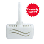 White plastic toilet rim hanger freshener with wavy vent design and a red 'Pleasantly scented' badge.