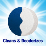 Close-up graphic of a blue-and-white round tablet against a radiant blue background with 'Cleans & Deodorizes' text.