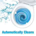 Illustration of a toilet bowl with swirling blue water and splash elements, labeled Automatically Cleans