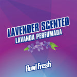 Purple gradient graphic reading "Lavender Scented / Lavanda Perfumada" with small lavender flowers and Bowl Fresh logo
