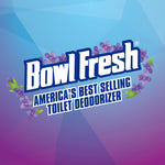 Bowl Fresh logo on a blue-to-purple gradient background with small lavender flowers and tagline about toilet deodorizer