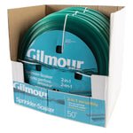Boxed display of multiple teal-labeled Gilmour sprinkler-soaker hose reels stacked inside a corrugated carton
