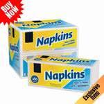 Stacked boxed napkin packages with yellow and blue label reading “Napkins” and promotional badges