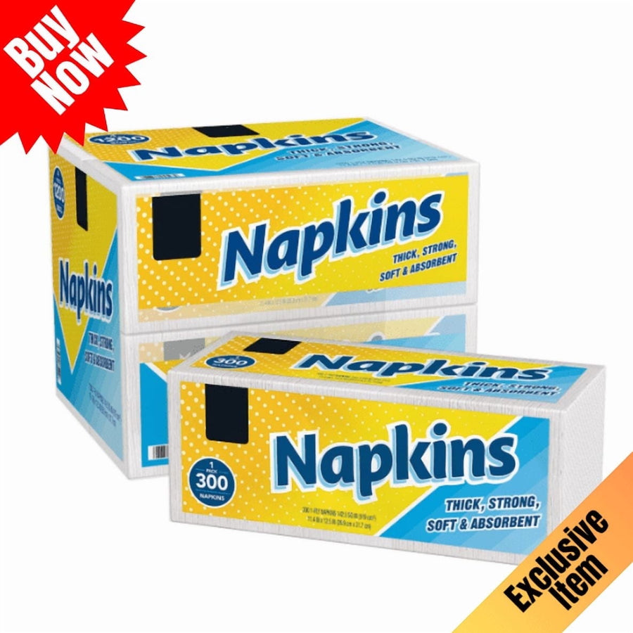 Stacked boxed napkin packages with yellow and blue label reading “Napkins” and promotional badges