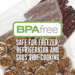 Close-up of vacuum-sealed foods with prominent BPA free label and text noting safe for freezer, refrigerator and sous vide cooking