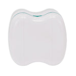 Top-down view of white compact braces storage case showing smooth contoured lid with teal edge.