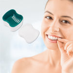 Open braces storage case showing teal interior and white lid beside smiling person holding a clear aligner.