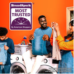 Lifestyle image of people doing laundry with a BrandSpark Most Trusted badge and a Tide bottle in the background