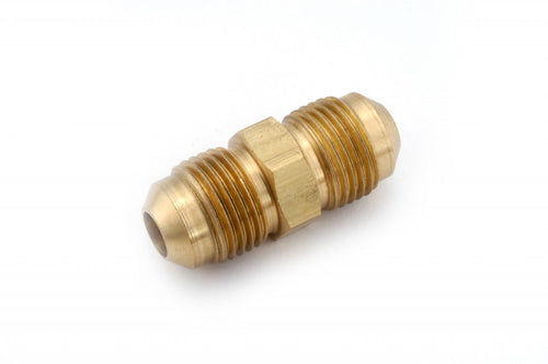 Brass double-ended 3/8" flare-style union fitting photographed on white background