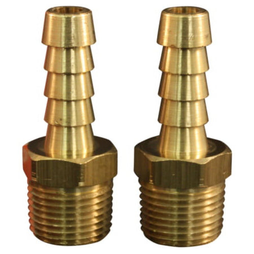 Two brass 3/8-inch male MNPT barbed hose end fittings shown side by side on a white background.