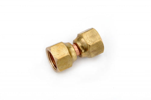 Brass 3/8-inch swivel connector fitting photographed on white background, showing hex nut ends and copper sleeve