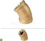 Brass 45-degree elbow fitting photographed on white background with visible female threads and faint Supply Giant watermark.