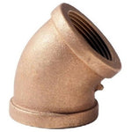 Close-up of a threaded brass 45-degree plumbing elbow fitting with visible internal threads and textured finish.